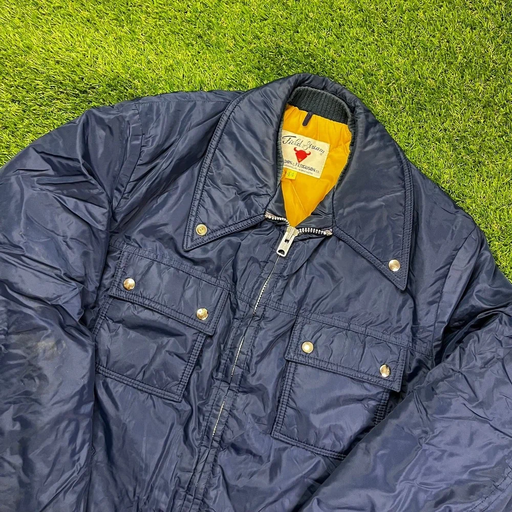 Vintage‎ Field & Stream Puffer Jacket 44 Navy Blue Yellow Liner USA Workwear